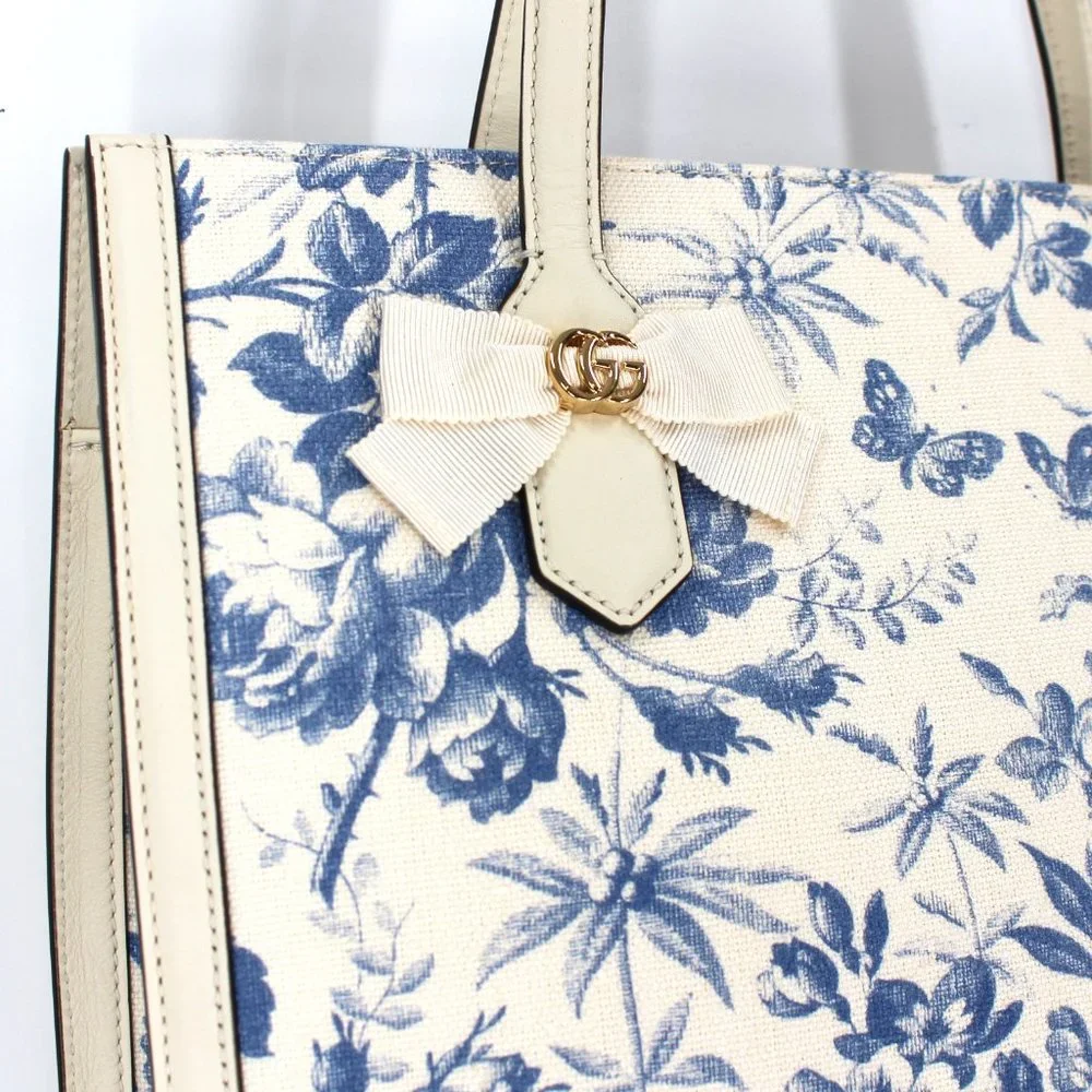 GUCCI Herbarium Ivory Blue Floral Butterfly Canvas Leather Large Tote Handbag - Picture 5 of 10